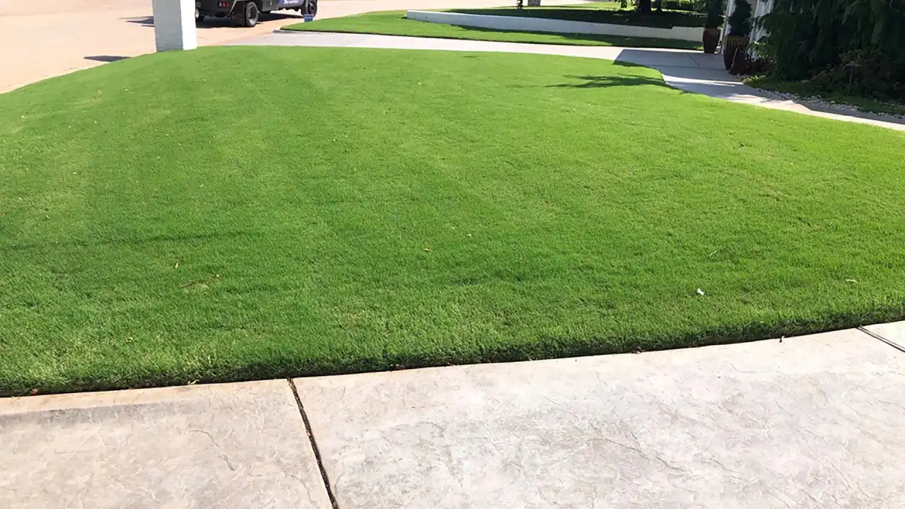 Targeted herbicide treatment being applied to summer weeds on an Oklahoma City Bermuda lawn