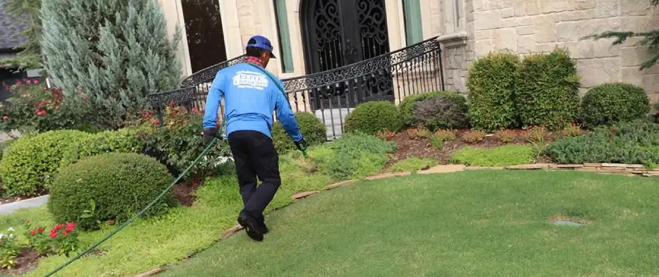 Technician spraying soil conditioning onto lawn and lawn bed